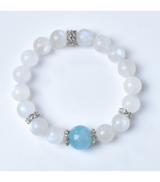 Natural Moonstone and Aquamarine Beaded Bracelet for Women, 8mm Gemstone Jewelry, Gift Box Included