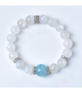 Natural Moonstone and Aquamarine Beaded Bracelet for Women, 8mm Gemstone Jewelry, Gift Box Included