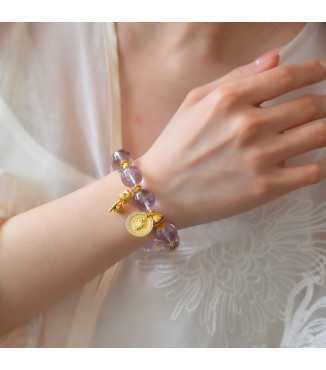 Natural Amethyst Beaded Bracelet with Gold Charms and Gift Box, 8mm Beads, Women's Healing Crystal Jewelry, Elegant Purple Gemstone Gift