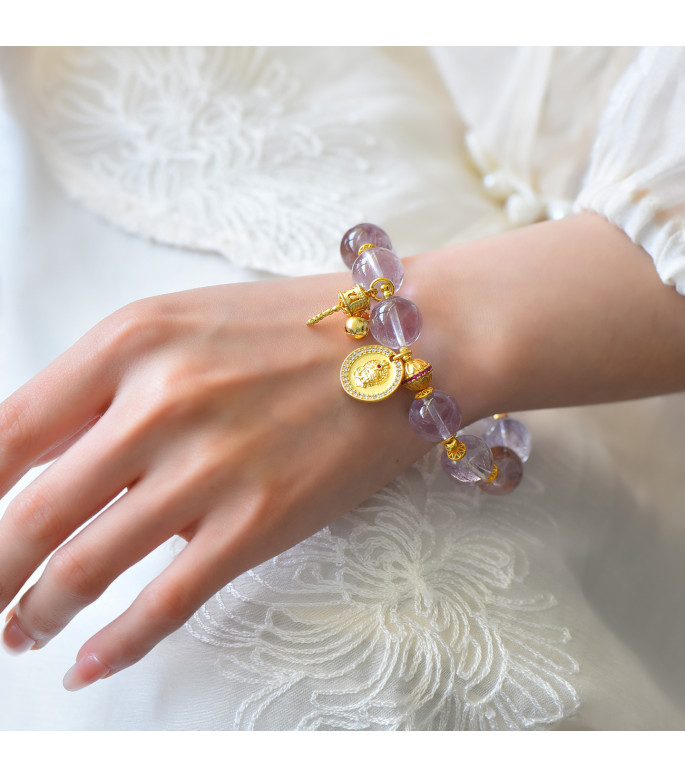 Natural Amethyst Beaded Bracelet with Gold Charms and Gift Box, 8mm Beads, Women's Healing Crystal Jewelry, Elegant Purple Gemstone Gift