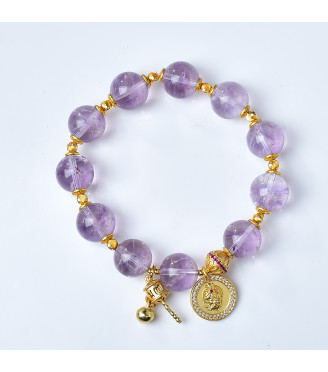 Natural Amethyst Beaded Bracelet with Gold Charms and Gift Box, 8mm Beads, Women's Healing Crystal Jewelry, Elegant Purple Gemstone Gift
