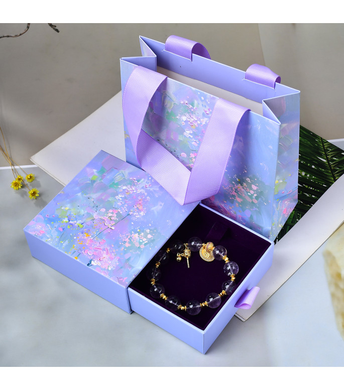 Natural Amethyst Beaded Bracelet with Gold Charms and Gift Box, 8mm Beads, Women's Healing Crystal Jewelry, Elegant Purple Gemstone Gift