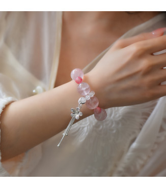 Natural Rose Quartz Crystal Bracelet with Clear Quartz and Rhodonite Beads, 10mm Pink Gemstone Jewelry for Women with Gift Box