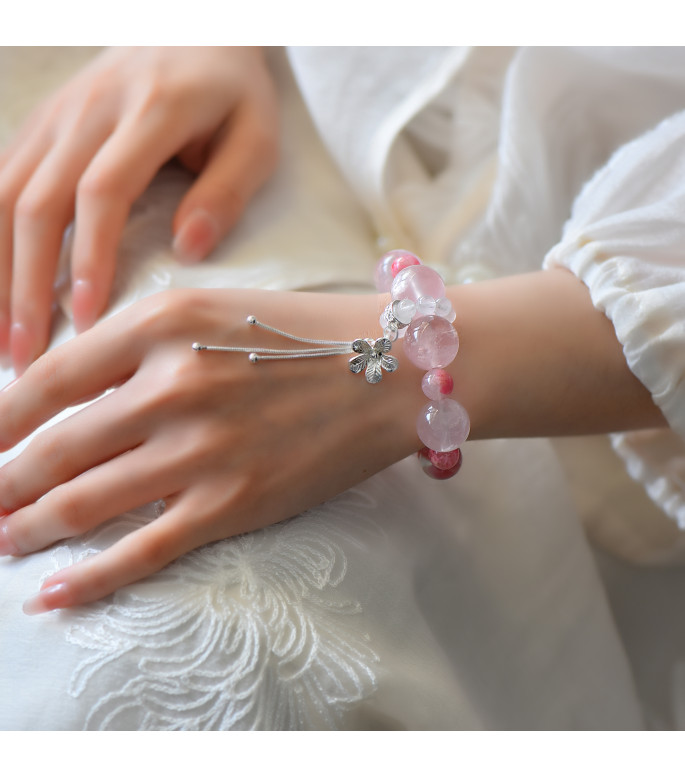 Natural Rose Quartz Crystal Bracelet with Clear Quartz and Rhodonite Beads, 10mm Pink Gemstone Jewelry for Women with Gift Box