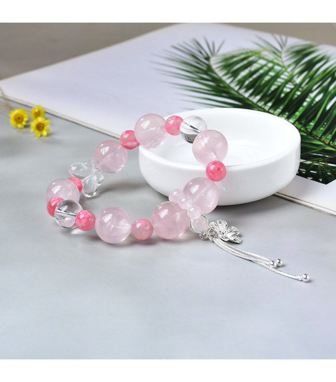 Natural Rose Quartz Crystal Bracelet with Clear Quartz and Rhodonite Beads, 10mm Pink Gemstone Jewelry for Women with Gift Box