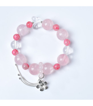 Natural Rose Quartz Crystal Bracelet with Clear Quartz and Rhodonite Beads, 10mm Pink Gemstone Jewelry for Women with Gift Box