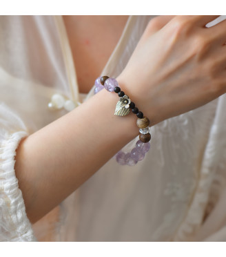 Amethyst and Wood Bead Bracelet for Women with Pearl Accent, 8mm Natural Stone Jewelry, Includes Gift Box