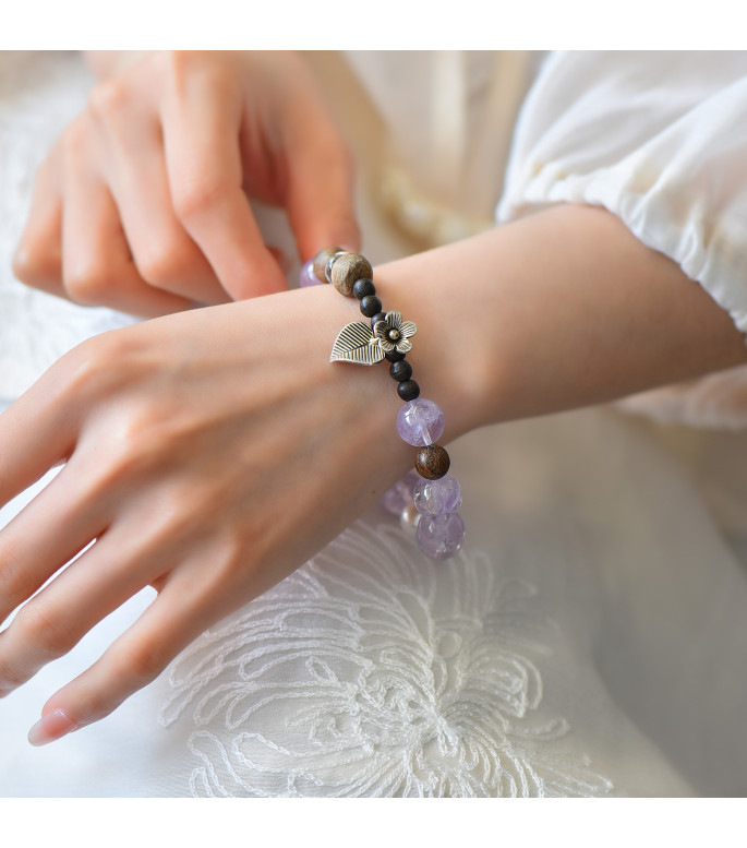 Amethyst and Wood Bead Bracelet for Women with Pearl Accent, 8mm Natural Stone Jewelry, Includes Gift Box