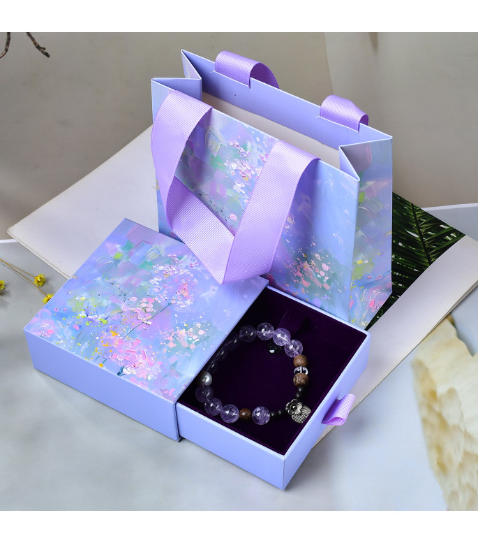 Amethyst and Wood Bead Bracelet for Women with Pearl Accent, 8mm Natural Stone Jewelry, Includes Gift Box