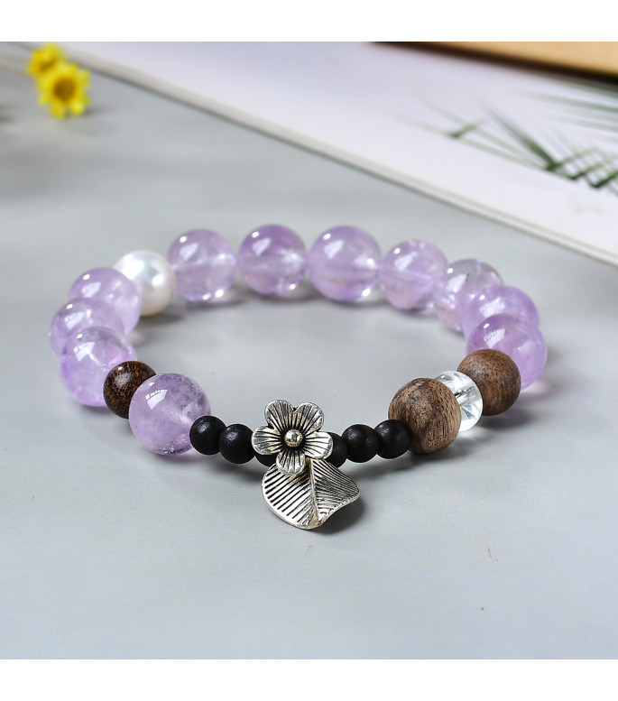 Amethyst and Wood Bead Bracelet for Women with Pearl Accent, 8mm Natural Stone Jewelry, Includes Gift Box