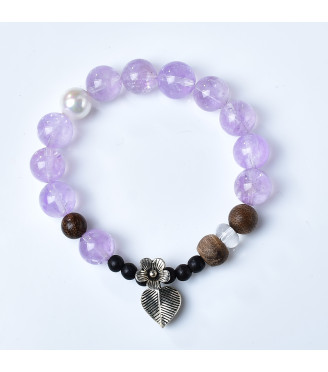 Amethyst and Wood Bead Bracelet for Women with Pearl Accent, 8mm Natural Stone Jewelry, Includes Gift Box