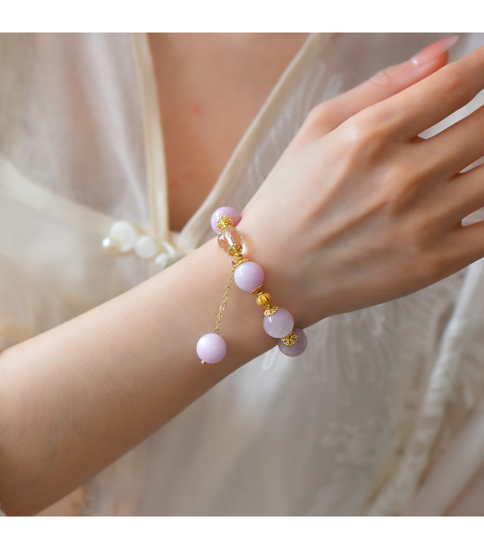 Pink Kunzite and Clear Quartz Beaded Bracelet for Women, 8mm Natural Stone Beads, Elastic Jewelry with Gift Box