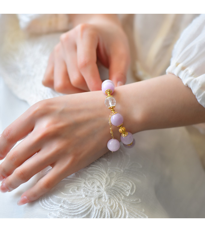 Pink Kunzite and Clear Quartz Beaded Bracelet for Women, 8mm Natural Stone Beads, Elastic Jewelry with Gift Box