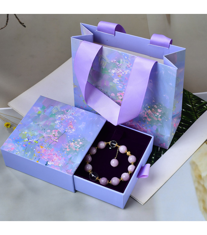 Pink Kunzite and Clear Quartz Beaded Bracelet for Women, 8mm Natural Stone Beads, Elastic Jewelry with Gift Box