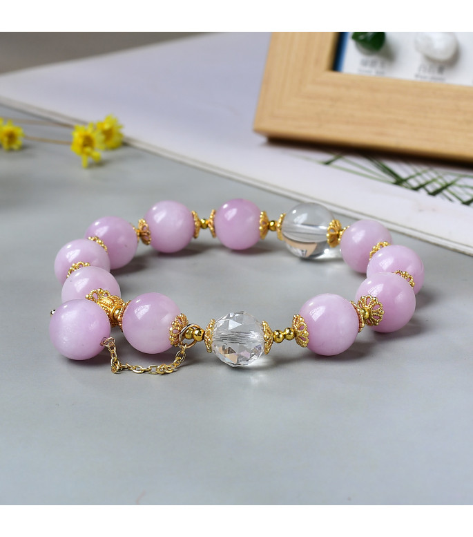 Pink Kunzite and Clear Quartz Beaded Bracelet for Women, 8mm Natural Stone Beads, Elastic Jewelry with Gift Box