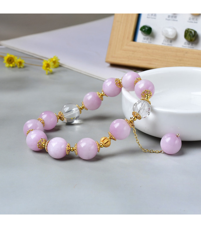 Pink Kunzite and Clear Quartz Beaded Bracelet for Women, 8mm Natural Stone Beads, Elastic Jewelry with Gift Box