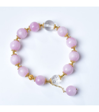 Pink Kunzite and Clear Quartz Beaded Bracelet for Women, 8mm Natural Stone Beads, Elastic Jewelry with Gift Box