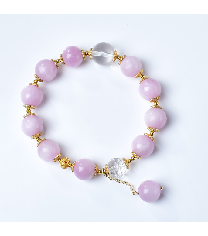 Pink Kunzite and Clear Quartz Beaded Bracelet for Women, 8mm Natural Stone Beads, Elastic Jewelry with Gift Box