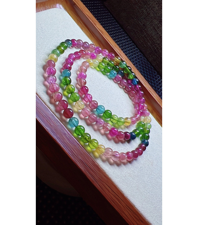 321F3 exquisite rainbow tourmaline three turn bracelet, size 5.3mm, weight 25.1g, crystal