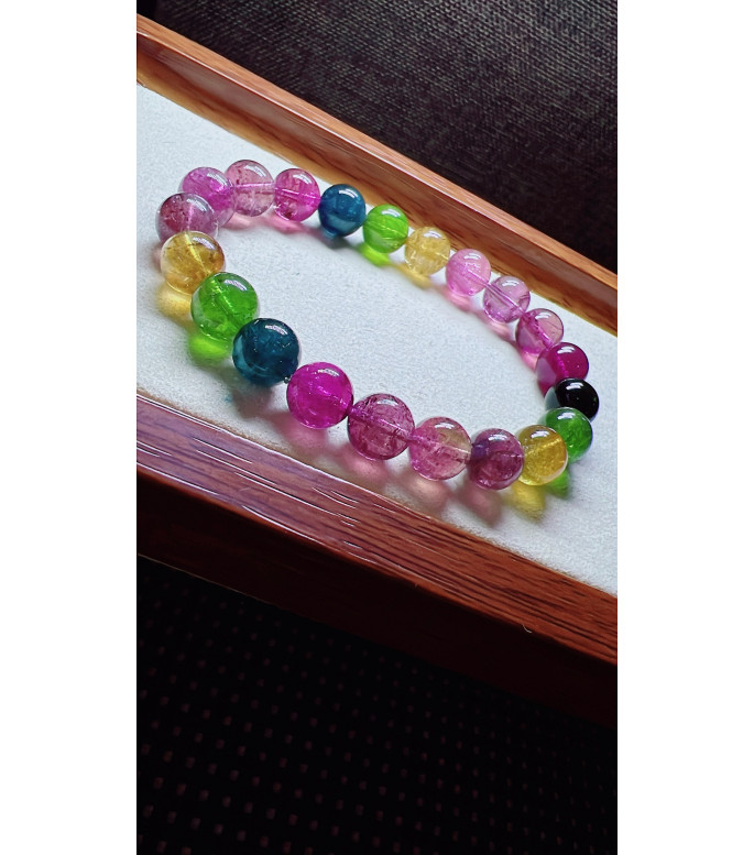 318F8 exquisite rainbow tourmaline bracelet, size 8.7mm, weight 23.7 grams, crystal
