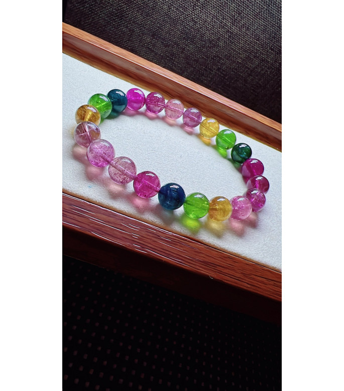 318F8 exquisite rainbow tourmaline bracelet, size 8.7mm, weight 23.7 grams, crystal