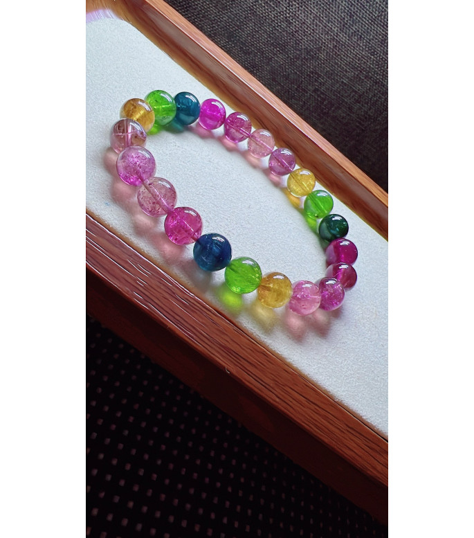 318F8 exquisite rainbow tourmaline bracelet, size 8.7mm, weight 23.7 grams, crystal