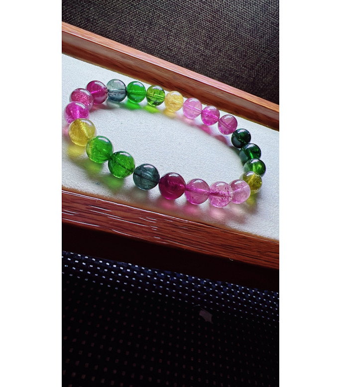 318F7 exquisite rainbow tourmaline bracelet, size 8.5mm, weight 22.5g, crystal