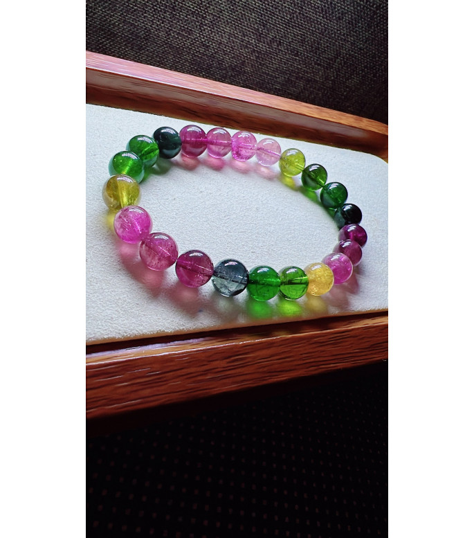 318F7 exquisite rainbow tourmaline bracelet, size 8.5mm, weight 22.5g, crystal