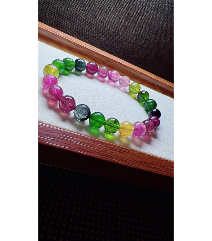 318F7 exquisite rainbow tourmaline bracelet, size 8.5mm, weight 22.5g, crystal