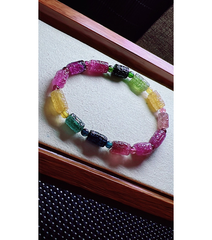 313F13 exquisite patterned bead tourmaline bracelet, size 6.5 X10mm, weight 14.5 grams