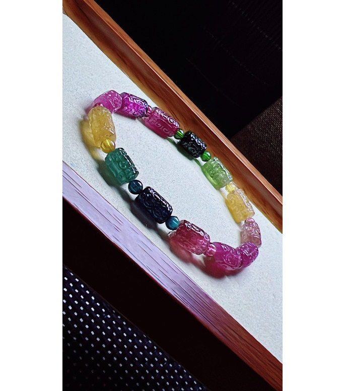 313F13 exquisite patterned bead tourmaline bracelet, size 6.5 X10mm, weight 14.5 grams