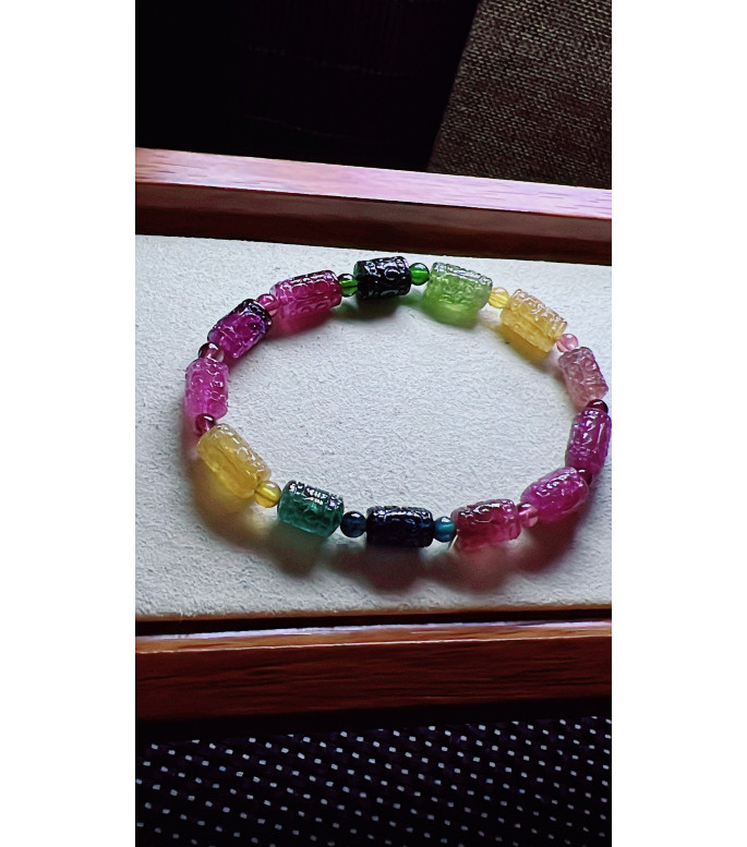 313F13 exquisite patterned bead tourmaline bracelet, size 6.5 X10mm, weight 14.5 grams