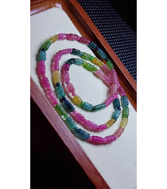310F7 exquisite patterned bead tourmaline three circle bracelet, size approximately 4.5
