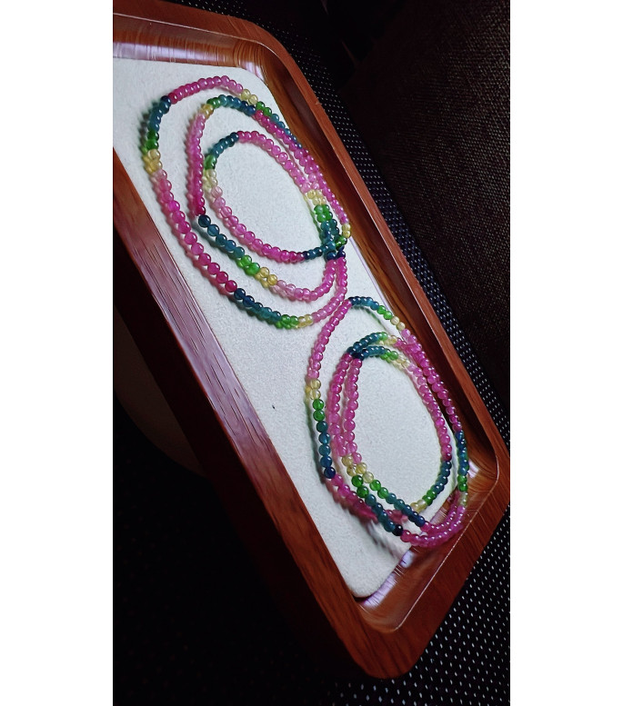 Exquisite color code tourmaline small three circle bracelet, size about 3mm, weight 7.8