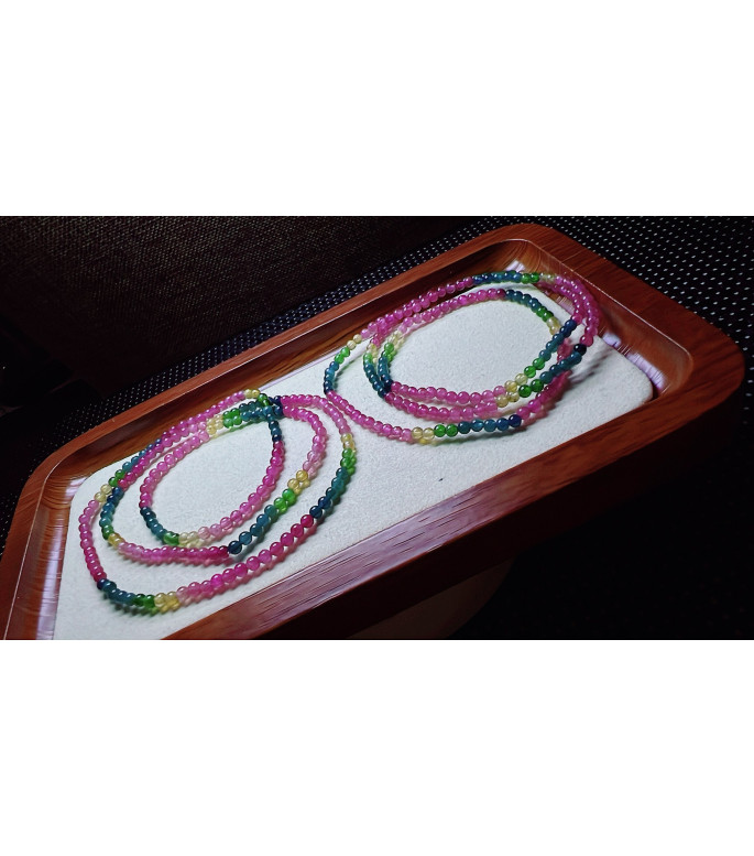 Exquisite color code tourmaline small three circle bracelet, size about 3mm, weight 7.8