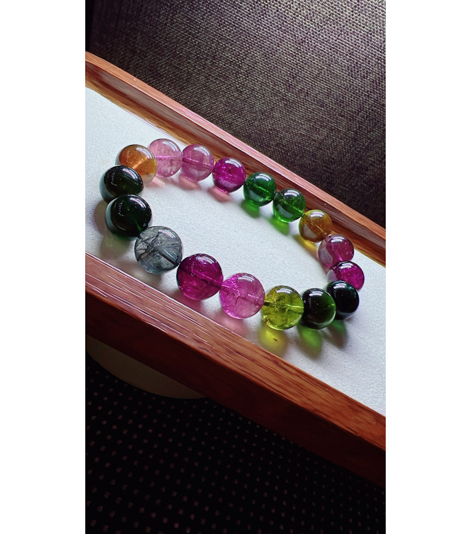 224F5 exquisite rainbow tourmaline bracelet, size about 12mm, weight 48.7g, crystal
