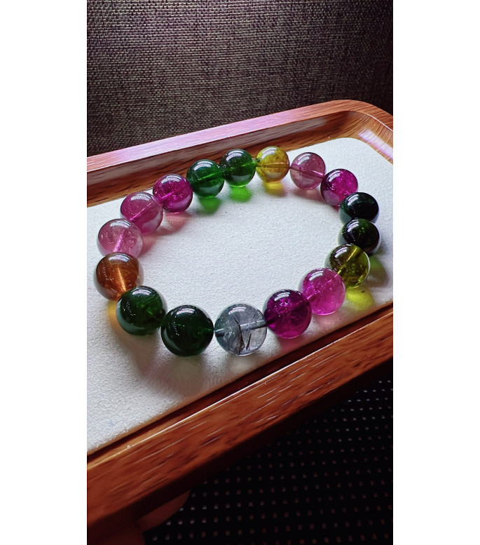 224F5 exquisite rainbow tourmaline bracelet, size about 12mm, weight 48.7g, crystal