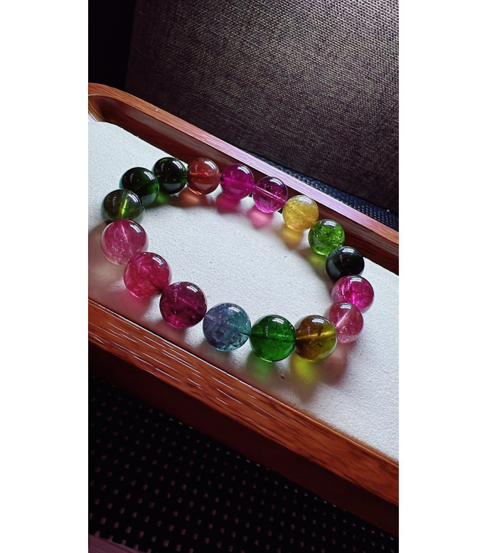 222F5 exquisite rainbow tourmaline bracelet, size about 12mm, weight 53.8g, crystal