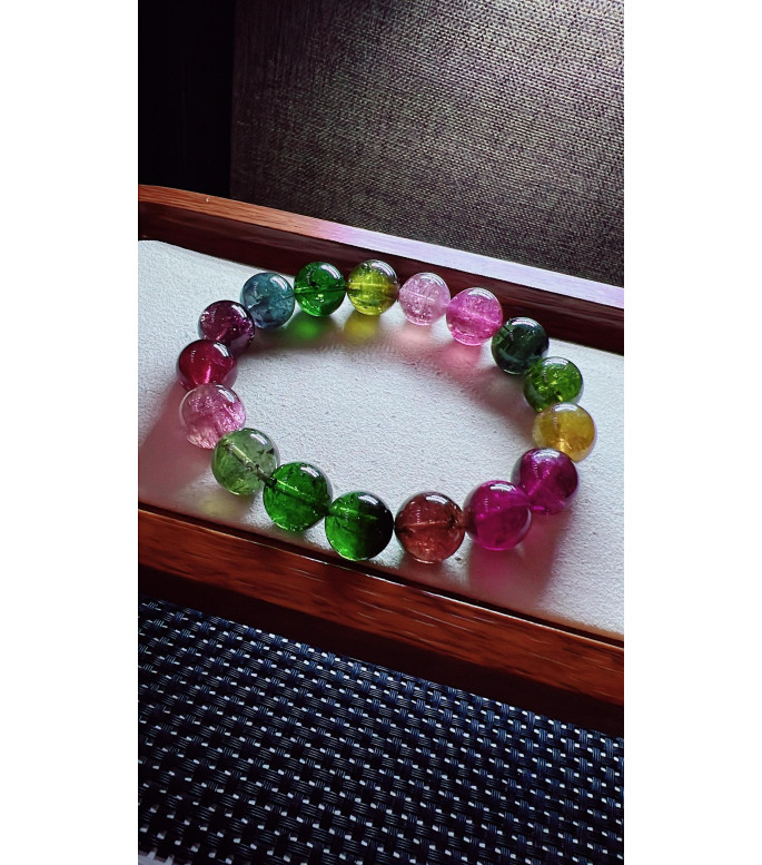 222F5 exquisite rainbow tourmaline bracelet, size about 12mm, weight 53.8g, crystal