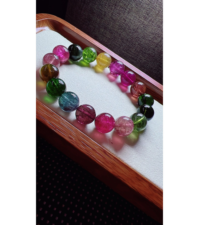 222F5 exquisite rainbow tourmaline bracelet, size about 12mm, weight 53.8g, crystal