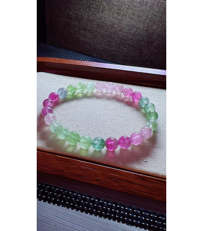222F4 exquisite mermaid colored tourmaline bracelet, size about 7mm, weight 15g, crystal