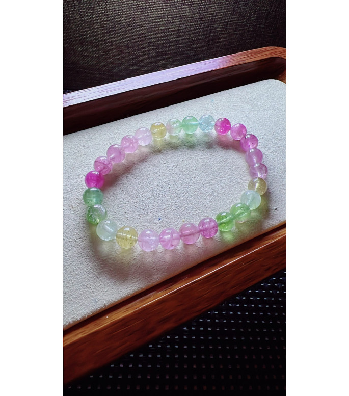 222F3 exquisite mermaid colored tourmaline bracelet, size about 7mm, weight 14.8 grams