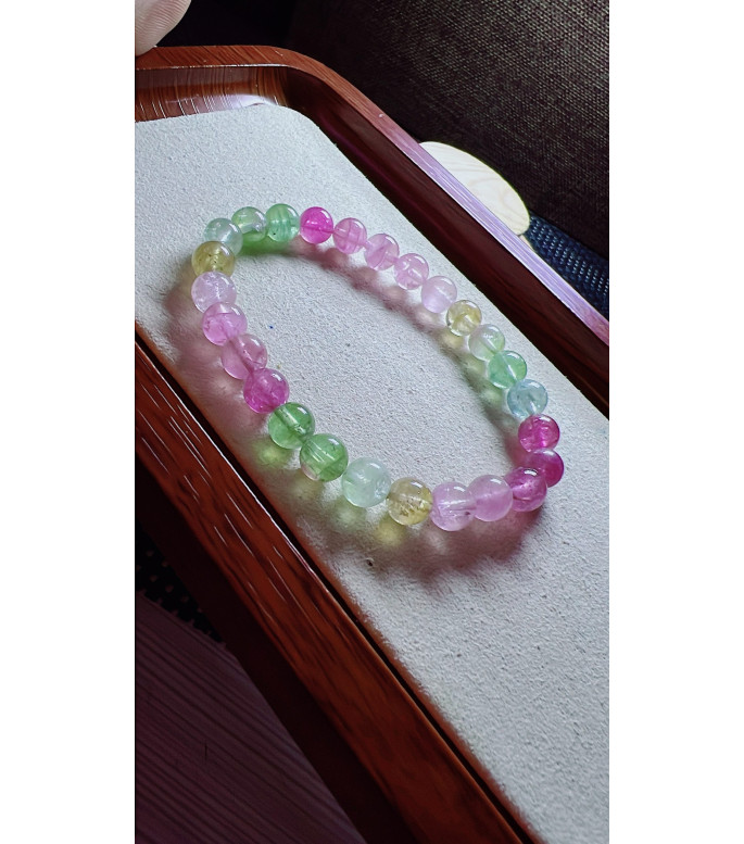 222F3 exquisite mermaid colored tourmaline bracelet, size about 7mm, weight 14.8 grams