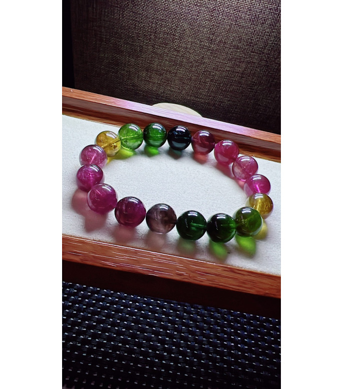 206F12 exquisite thick colored rainbow tourmaline bracelet, size about 12mm, weight 49g