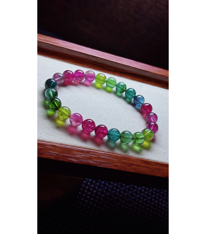 126F14 exquisite rainbow tourmaline bracelet, size about 8mm, weight 19.9g, crystal