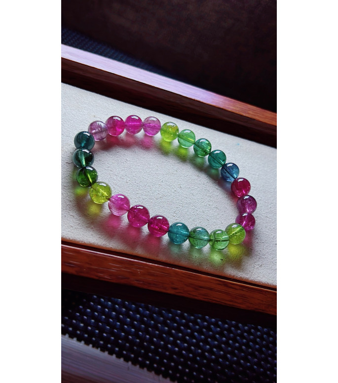126F14 exquisite rainbow tourmaline bracelet, size about 8mm, weight 19.9g, crystal
