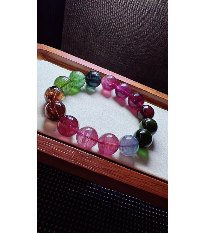 123F11 exquisite mermaid colored rainbow tourmaline bracelet, size about 14mm, weight