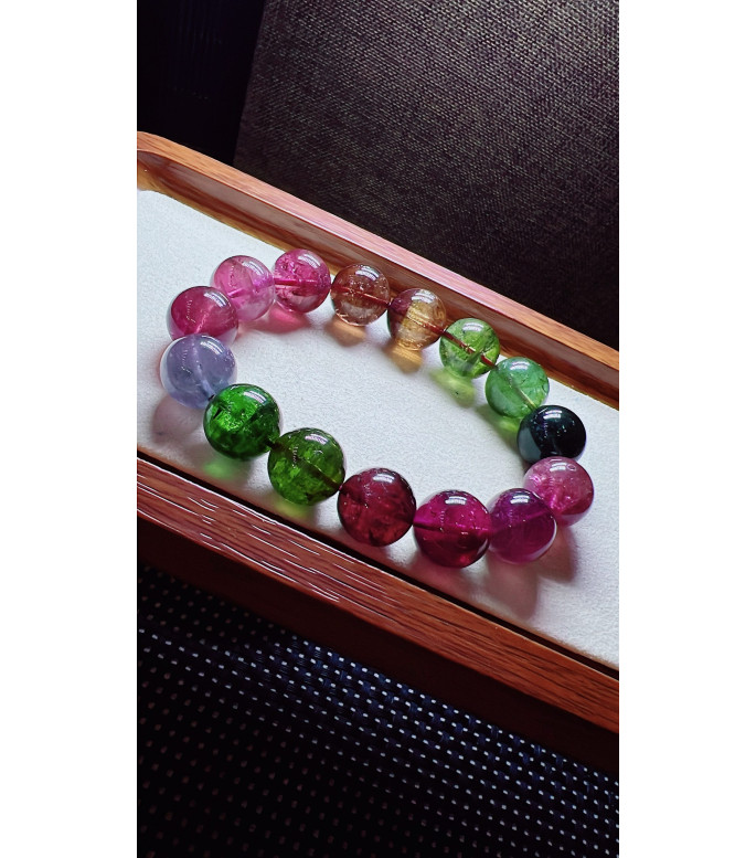 123F11 exquisite mermaid colored rainbow tourmaline bracelet, size about 14mm, weight