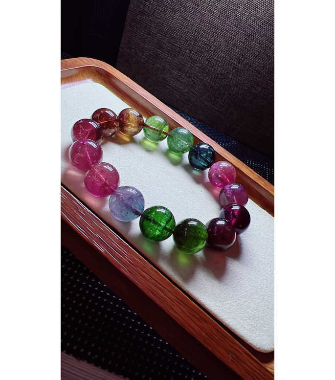 123F11 exquisite mermaid colored rainbow tourmaline bracelet, size about 14mm, weight