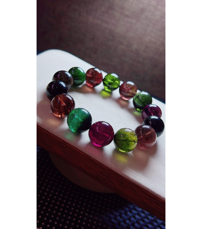 105F8 exquisite black sugar tourmaline bracelet, size about 15mm, weight 82.8g, crystal